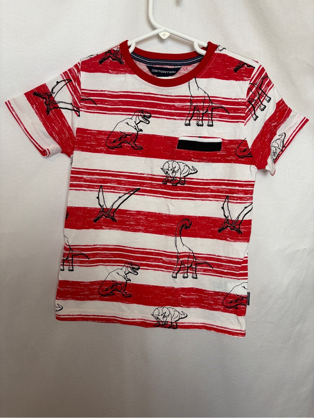 Red & White Striped Dinosaur Pocket Tee with Black Trim
